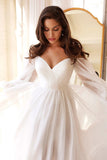 White A Line Off the Shoulder Long Sleeves Ruched Wedding Party Dress