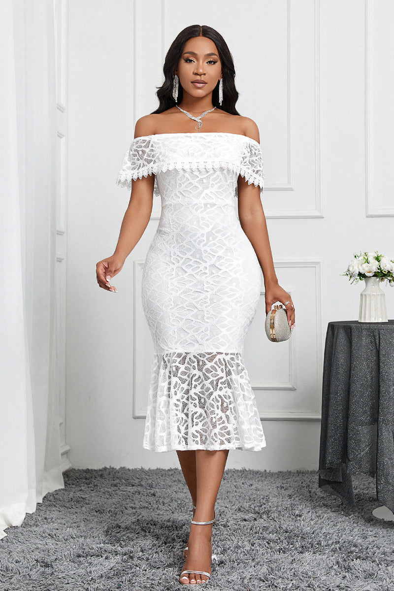 Load image into Gallery viewer, White Off the Shoulder Mermaid Ruffle Tea Length Party Dress