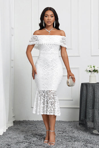 White Off the Shoulder Mermaid Ruffle Tea Length Party Dress