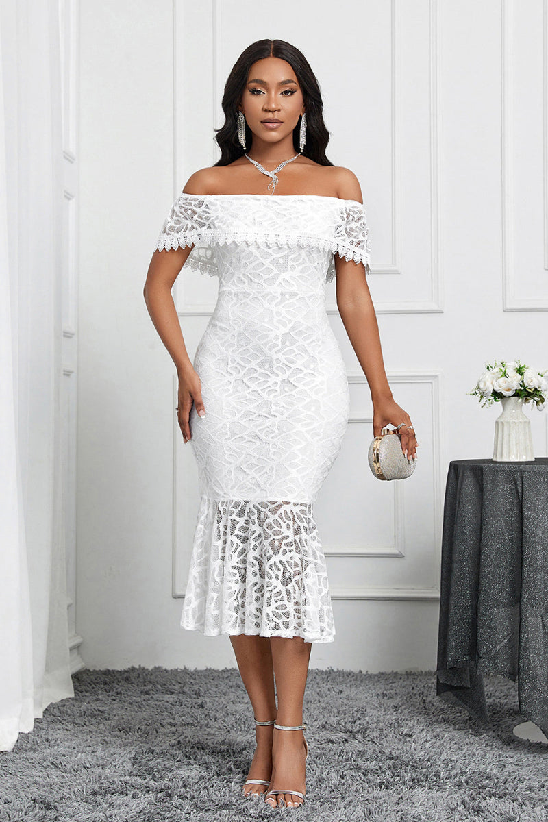 Load image into Gallery viewer, White Off the Shoulder Mermaid Ruffle Tea Length Party Dress