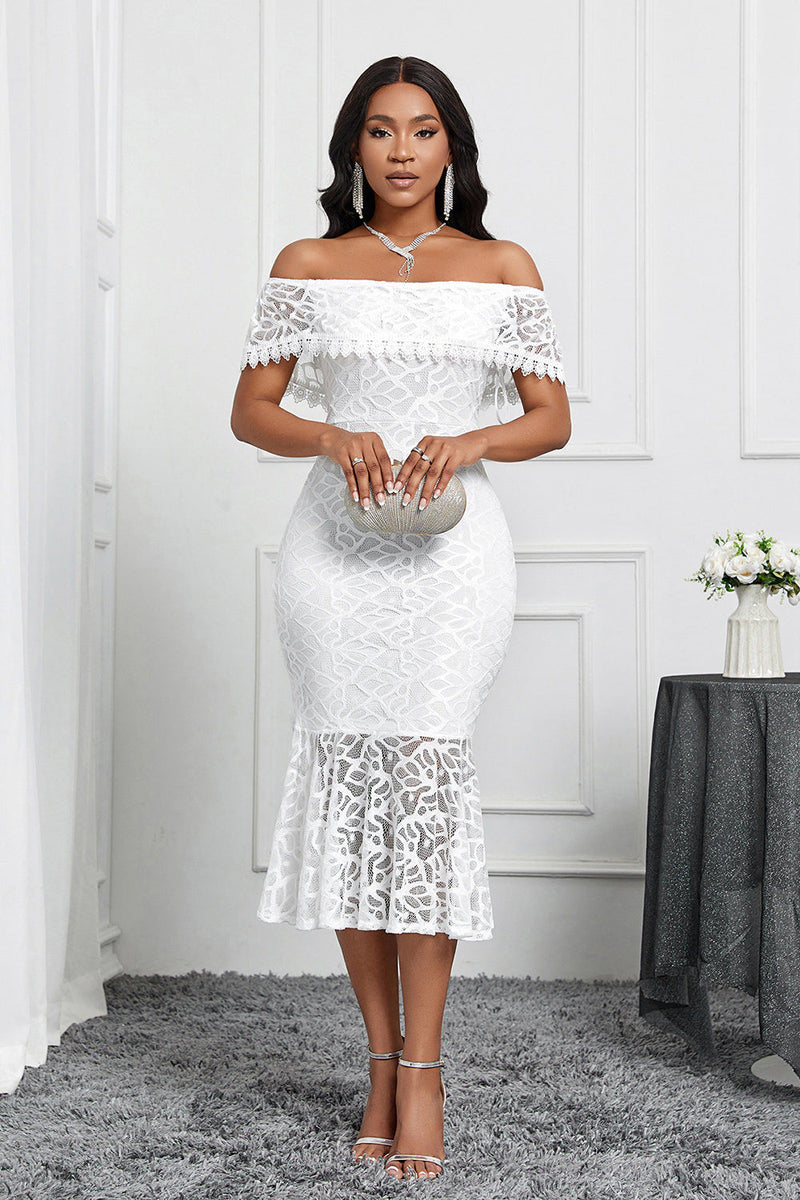 Load image into Gallery viewer, White Off the Shoulder Mermaid Ruffle Tea Length Party Dress