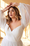 White A Line Off the Shoulder Long Sleeves Ruched Wedding Party Dress