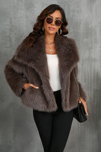 Fluffy Black Turn Lapel Faux Fur Winter Coat