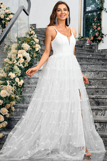 White A-Line Spaghetti Straps Appliques Tulle Long Wedding Party Dress with Slit