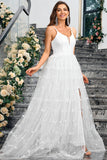 White A Line Spaghetti Straps Appliques Tulle Long Wedding Guest Dress with Slit