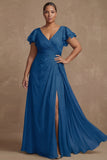 Dusty Sage Plus Size A Line Flutter Sleeves Ruched Mother Of The Bride Dress with Slit