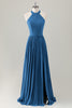 Load image into Gallery viewer, Grey Blue A Line Halter Long Bridesmaid Dress with Slit