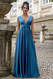 Eucalyptus A Line V Neck Pleated Chiffon Long Bridesmaid Dress with Lace-up Back