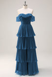 Eucalyptus A Line Off the Shoulder Tiered Pleated Long Bridesmaid Dress with Slit