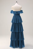 Eucalyptus A Line Off the Shoulder Tiered Pleated Long Bridesmaid Dress with Slit
