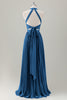 Load image into Gallery viewer, Grey Blue A Line Halter Long Bridesmaid Dress with Slit