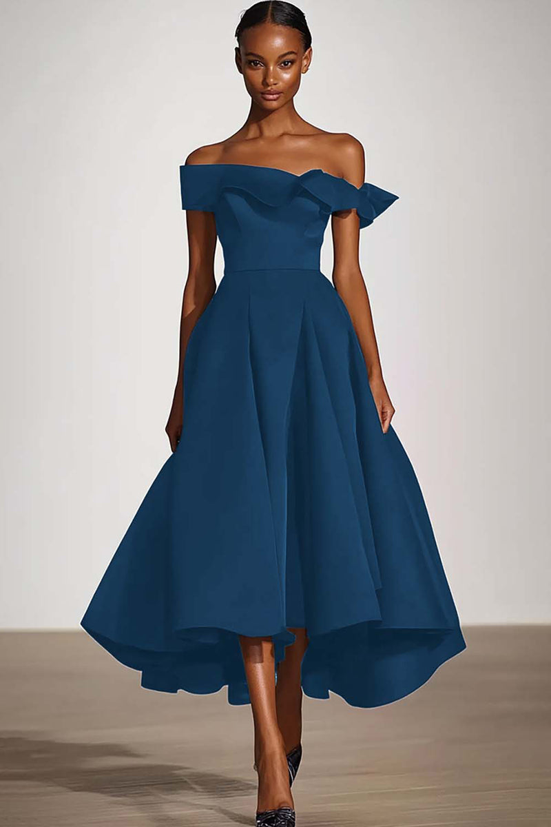 Load image into Gallery viewer, Off The Shoulder A Line Black Satin Formal Dress