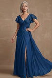 Dusty Sage A Line Flutter Sleeves Ruched Mother of the Bride Dress with Slit
