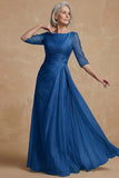 Dusty Sage Ruched A Line Boat Neck Long Mother of the Bride Dress