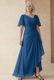 Dusty Sage A Line Ruched Mother of the Bride Dress with Short Sleeves