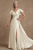 Dusty Sage A Line Flutter Sleeves Ruched Mother of the Bride Dress with Slit