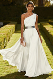 One Shoulder Olive A Line Chiffon Maxi Dress