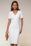 Bodycon Navy V-Neck Short Sleeves Midi Work Dress with Slit