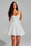 Sparkly Ivory A Line Square Neck Sequin Short Graduation Dress with Back Giant Bow