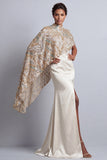 Champagne Mermaid Sequins Side Slit Mother of the Bride Dress with Detachable Cape