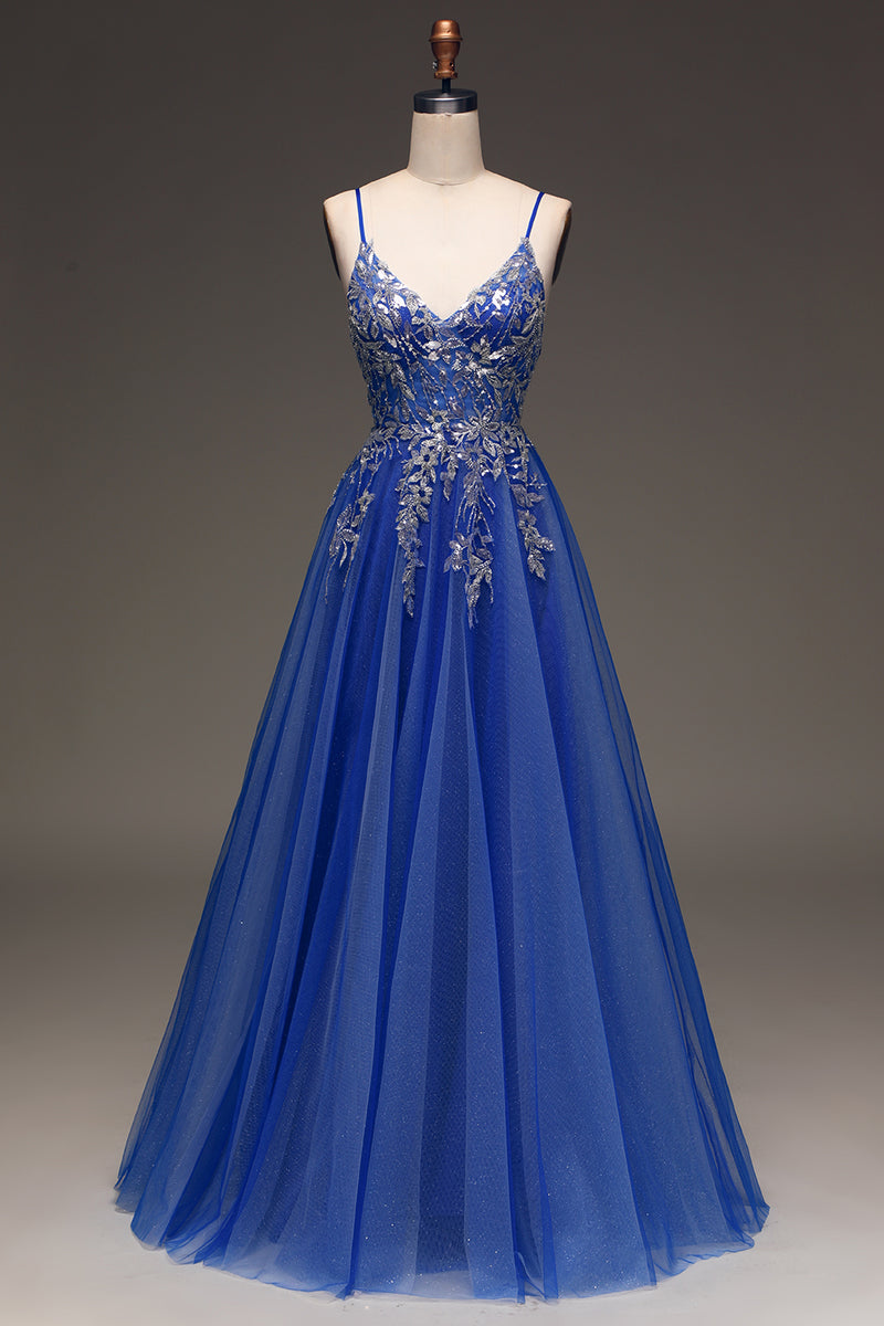 Zapaka Women Sparkly Tulle A line Royal Blue Prom Dress with Appliques ...