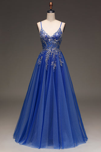 Sparkly Tulle A line Royal Blue Prom Dress with Appliques
