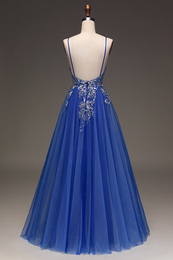 Sparkly Tulle A line Royal Blue Prom Dress with Appliques