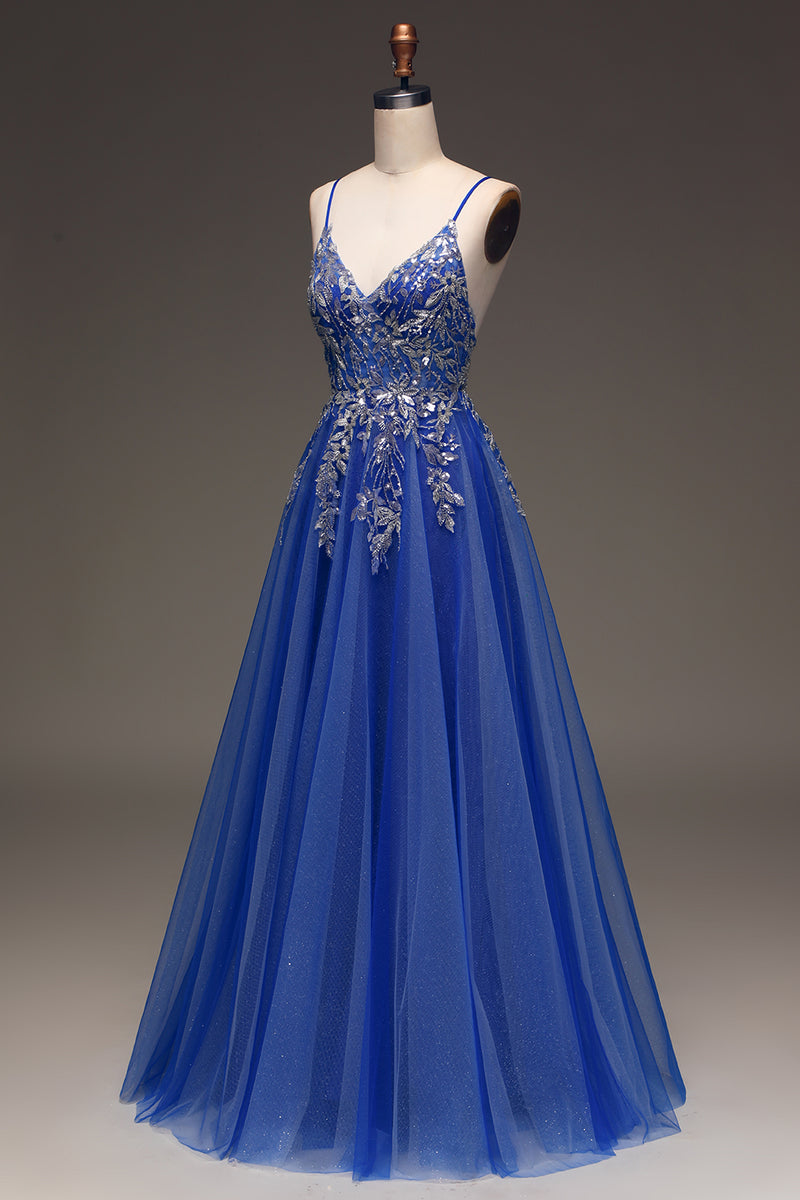 Zapaka Women Sparkly Tulle A line Royal Blue Prom Dress with Appliques ...