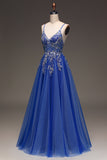 Sparkly Tulle A line Royal Blue Prom Dress with Appliques