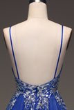 Sparkly Tulle A line Royal Blue Prom Dress with Appliques