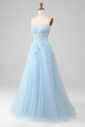 A Line Light Blue Sequin Spaghetti Straps Prom Dress With Appliques