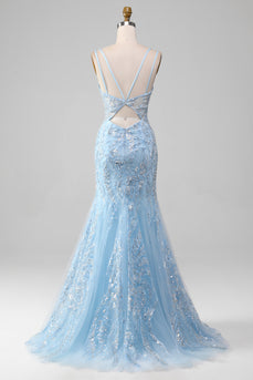 Blue Tulle Mermaid Prom Dress with Beaded
