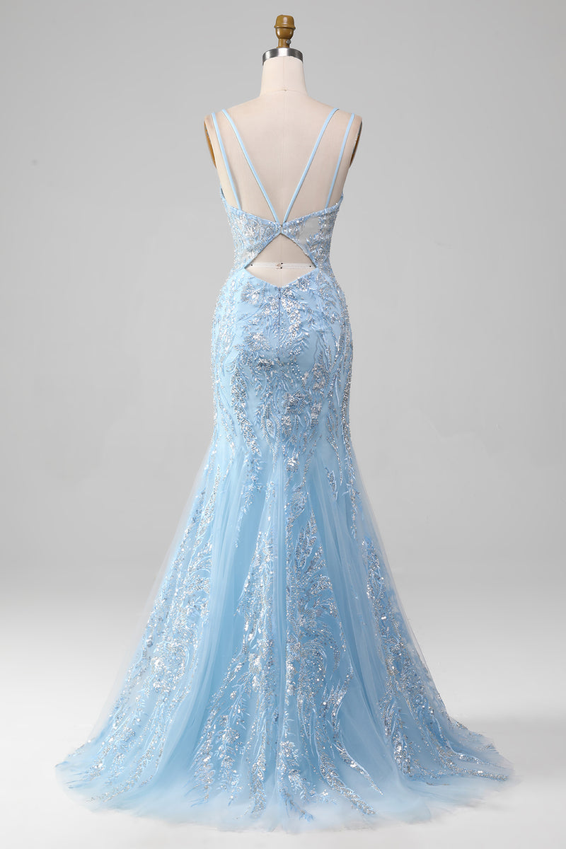 Load image into Gallery viewer, Blue Tulle Mermaid Prom Dress with Beaded