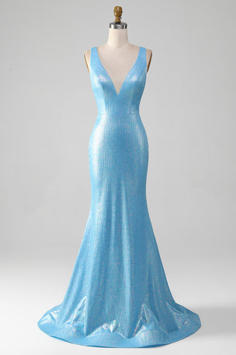 Glitter Blue V-neck Mermaid Prom Dress