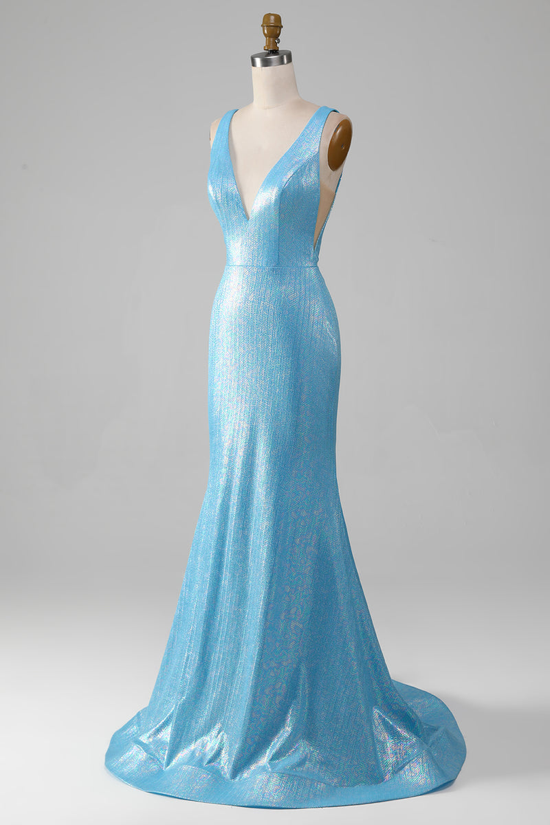 Load image into Gallery viewer, Glitter Blue V-neck Mermaid Prom Dress