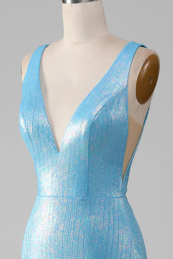 Glitter Blue V-neck Mermaid Prom Dress