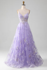 Lavender A-line Princess Tulle Prom Dress with Appliques