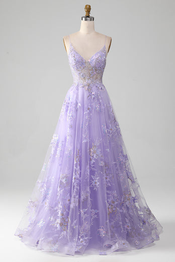 Zapaka Women Lavender A-line Princess Tulle Prom Dress with Appliques ...