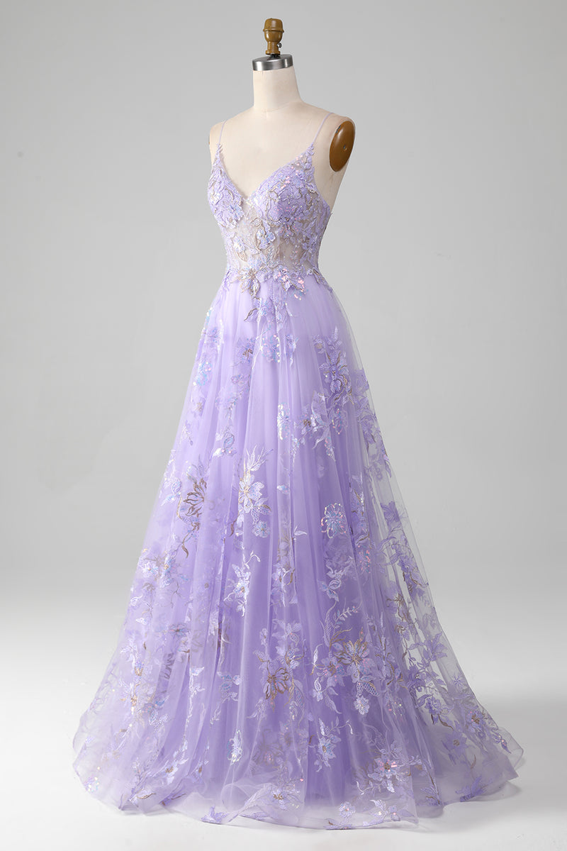 Zapaka Women Lavender A-line Princess Tulle Prom Dress with Appliques ...