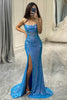 Load image into Gallery viewer, Spaghetti Straps Blue Sparkly Corset Prom Dress with Slit