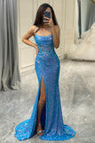 Spaghetti Straps Blue Sparkly Corset Prom Dress with Slit