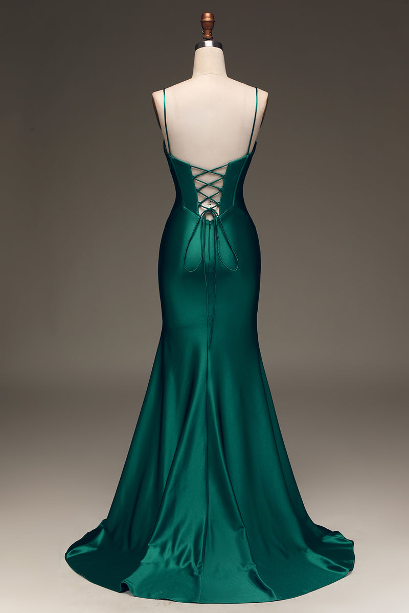 Load image into Gallery viewer, Satin Green Mermaid Simple Prom Dress with Lace-up Back