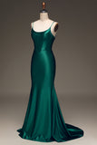 Satin Green Mermaid Simple Prom Dress with Lace-up Back