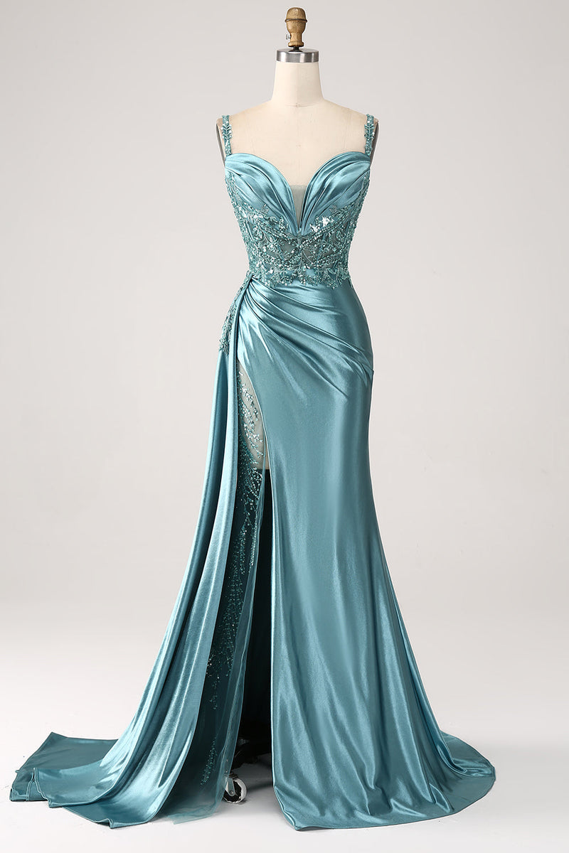 Load image into Gallery viewer, Mermaid Sparkly Champagne Watteau Train Corset Sequins Satin Prom Dress with Slit