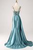 Load image into Gallery viewer, Champagne Mermaid Watteau Train Corset Sequins Satin Prom Dress with Slit