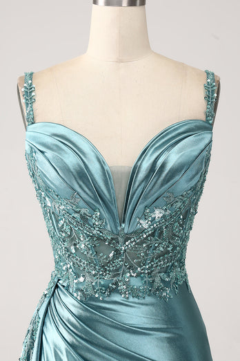 Champagne Mermaid Watteau Train Corset Sequins Satin Prom Dress with Slit