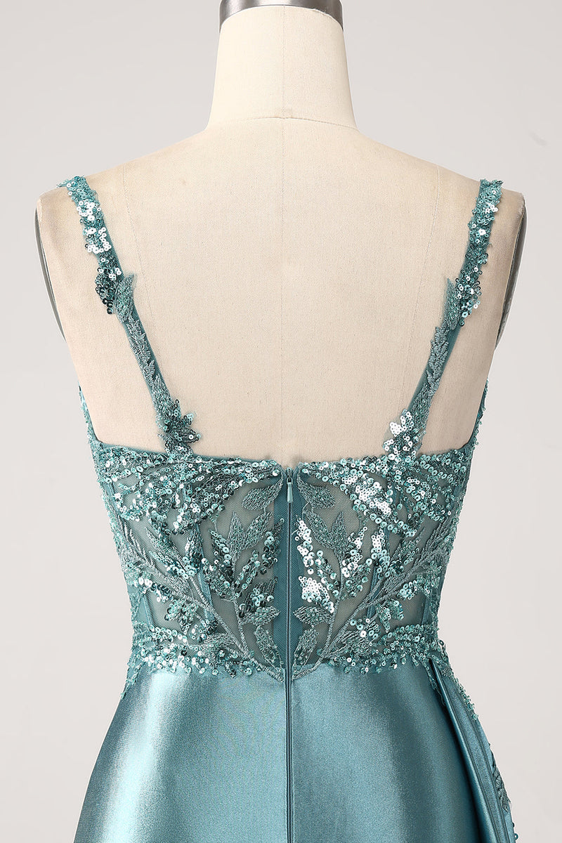 Load image into Gallery viewer, Champagne Mermaid Watteau Train Corset Sequins Satin Prom Dress with Slit