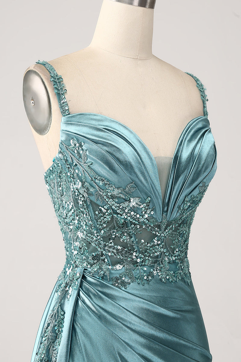 Load image into Gallery viewer, Champagne Mermaid Watteau Train Corset Sequins Satin Prom Dress with Slit