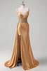 Load image into Gallery viewer, Champagne Mermaid Watteau Train Corset Sequins Satin Prom Dress with Slit