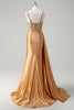 Load image into Gallery viewer, Champagne Mermaid Watteau Train Corset Sequins Satin Prom Dress with Slit